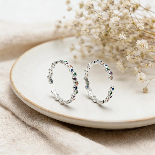 Sterling Silver Finger Ring, CZ Pave Adjustable Rainbow Ring (#CY-062)/ 1 piece