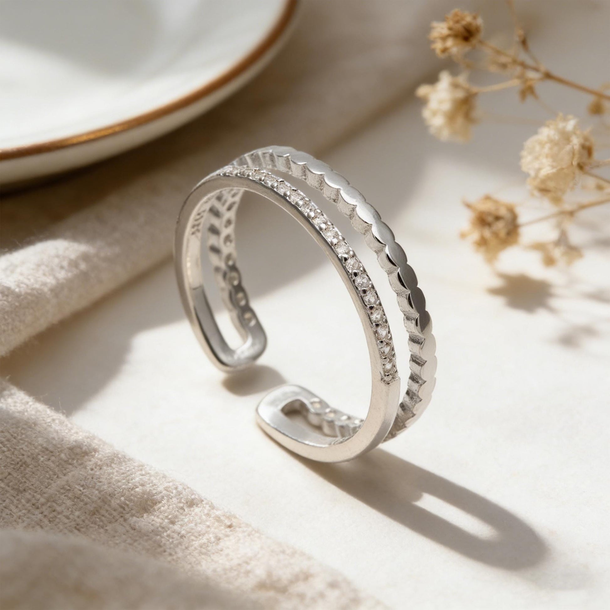 Minimalist Sterling Silver Finger Ring, CZ Pave Adjustable Statement Ring (#CY-063)