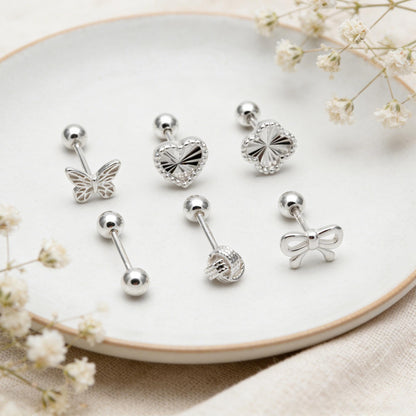 Sterling Silver Stud Earring, Screw Back, Knot/ Heart/ Butterfly/ Bow/ Clover (CY-064)/ 1 pair
