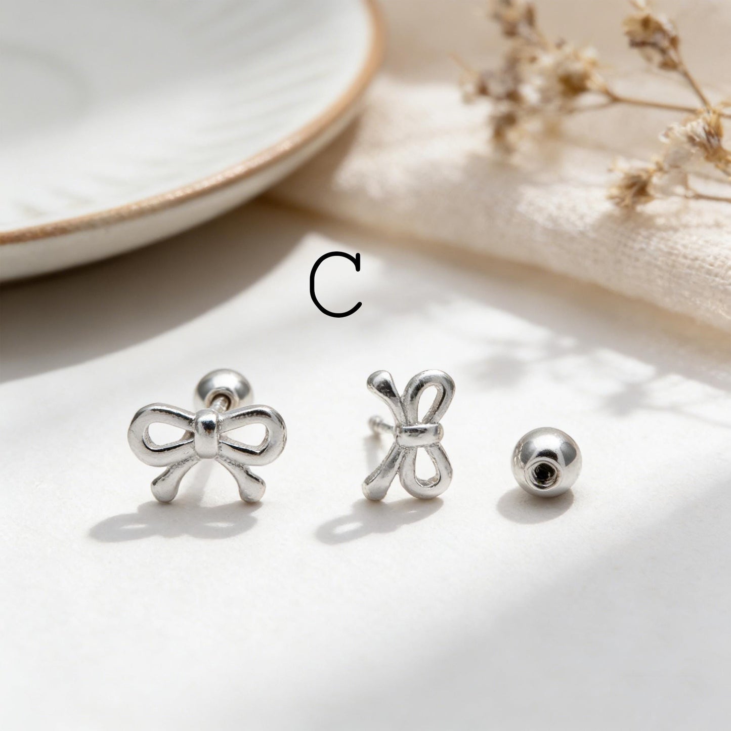 Sterling Silver Stud Earring, Screw Back, Knot/ Heart/ Butterfly/ Bow/ Clover (CY-064)/ 1 pair
