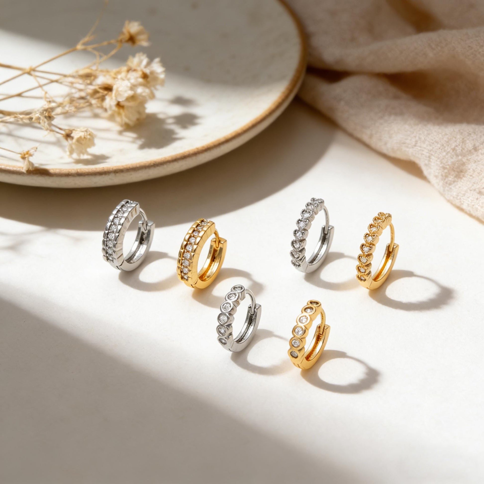 4pcs CZ Pave Gold/ Silver Tone Hoop Earrings, Gold/ Rhodium plated Brass, Dainty Round Huggie Earrings (GB-4770)