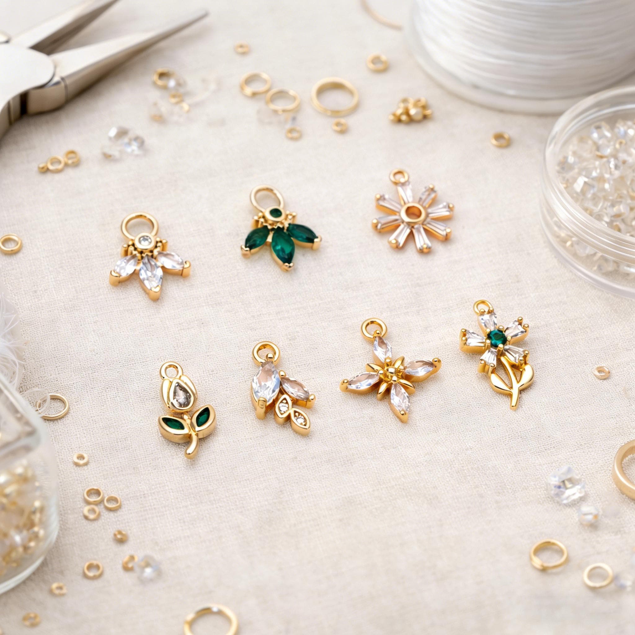 4pcs CZ Pave Gold Flower Leaf Charms, 18K Gold plated Brass, Dainty Earring Pendants (GB-4130)