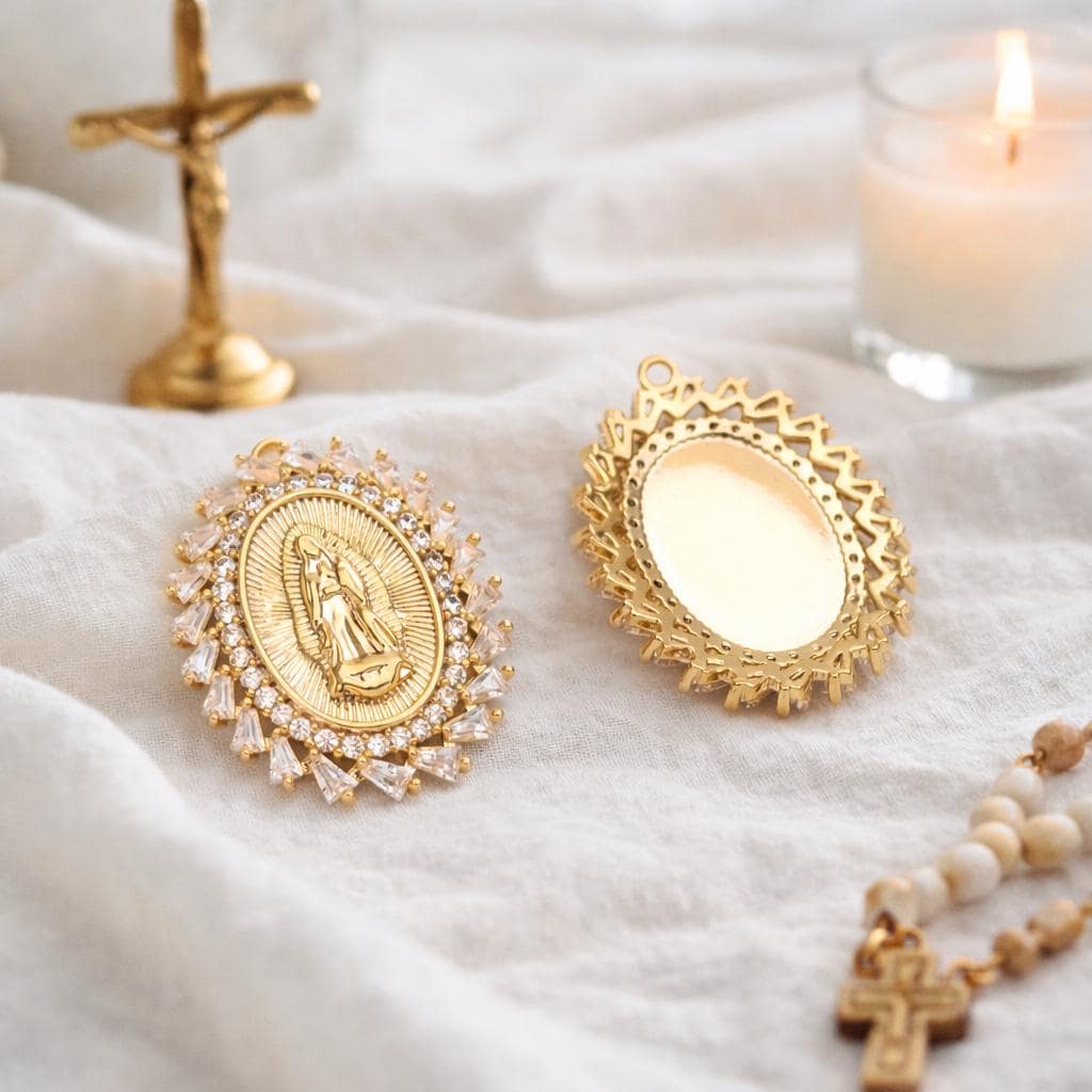 4pcs CZ pave Gold Hollow Virgin Mother Mary Pendants, Catholic Baptism Lady Guadalupe Charm, Medallion Religious Jewelry Craft (GB-4395-D)