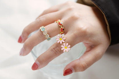 4pcs Gold/ Silver Tone Enamel Ring, Ladybug Ring, Daisy Ring, Everyday Ring, Dainty Rings, Adjustable Ring (#JZ-033)