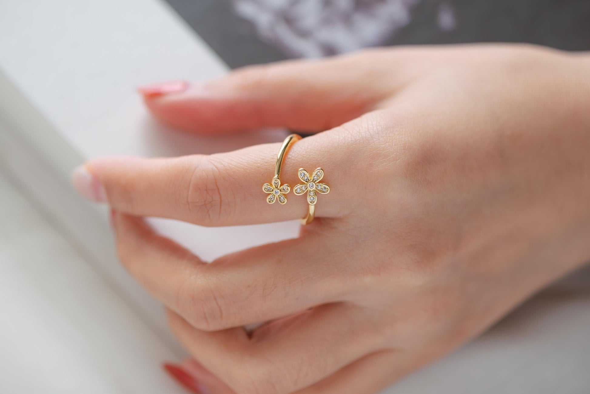 4pcs Gold/ Silver Tone CZ Pave Double Flower Ring, Adjustable Ring, Everyday Ring, Dainty Rings (#JZ-035)