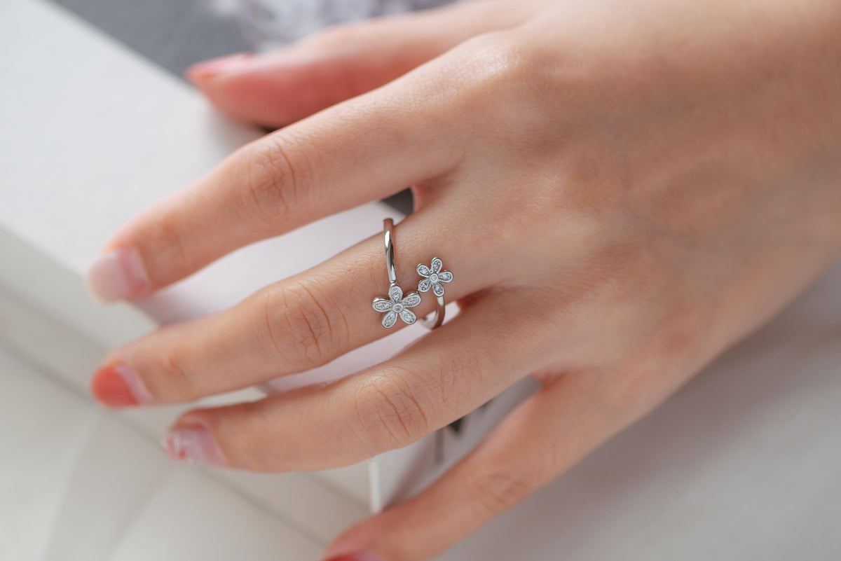 4pcs Gold/ Silver Tone CZ Pave Double Flower Ring, Adjustable Ring, Everyday Ring, Dainty Rings (#JZ-035)