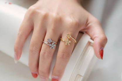 4pcs Gold/ Silver Tone CZ Pave Double Flower Ring, Adjustable Ring, Everyday Ring, Dainty Rings (#JZ-035)