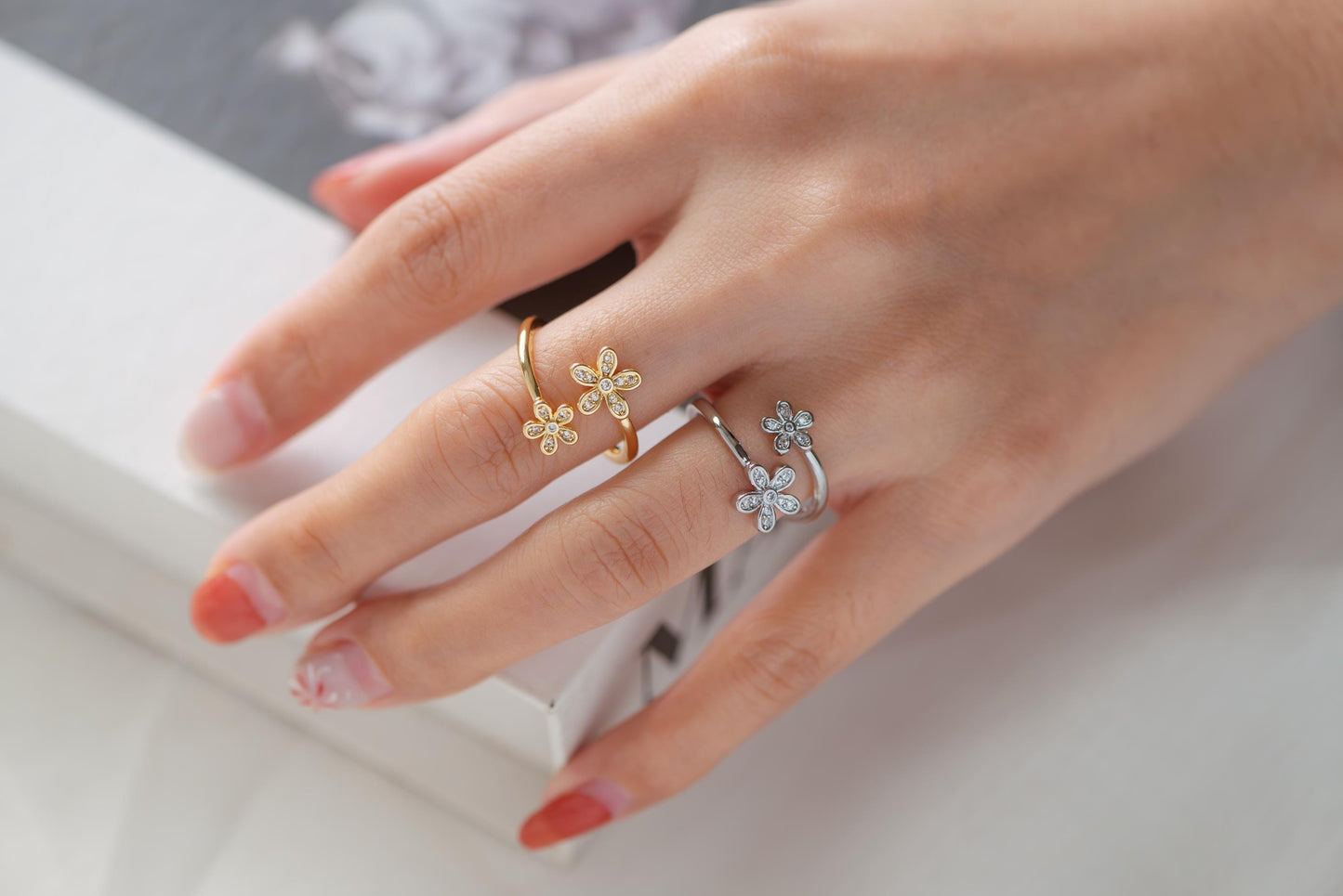 4pcs Gold/ Silver Tone CZ Pave Double Flower Ring, Adjustable Ring, Everyday Ring, Dainty Rings (#JZ-035)