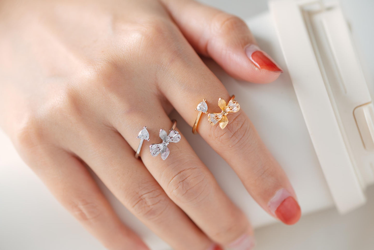4pcs CZ Pave Gold/ Silver Bowknot Heart Ring, Modern Style Ring, Fashion Rings, Dainty Rings, Adjustable Ring (#JZ-003)