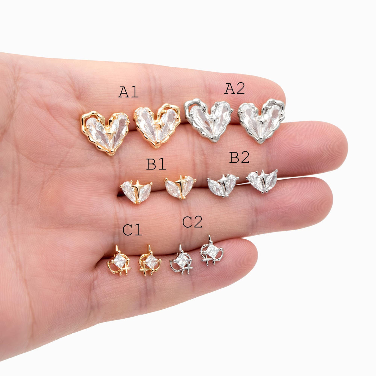 4pcs CZ Pave Heart Star Ear Posts, Gold/ Rhodium Plated Brass Stud Earrings, Jewelry Findings, Jewelry Making (GB-3571)