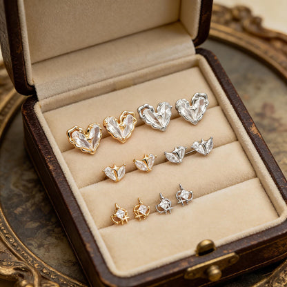 4pcs CZ Pave Heart Star Ear Posts, Gold/ Rhodium Plated Brass Stud Earrings, Jewelry Findings, Jewelry Making (GB-3571)