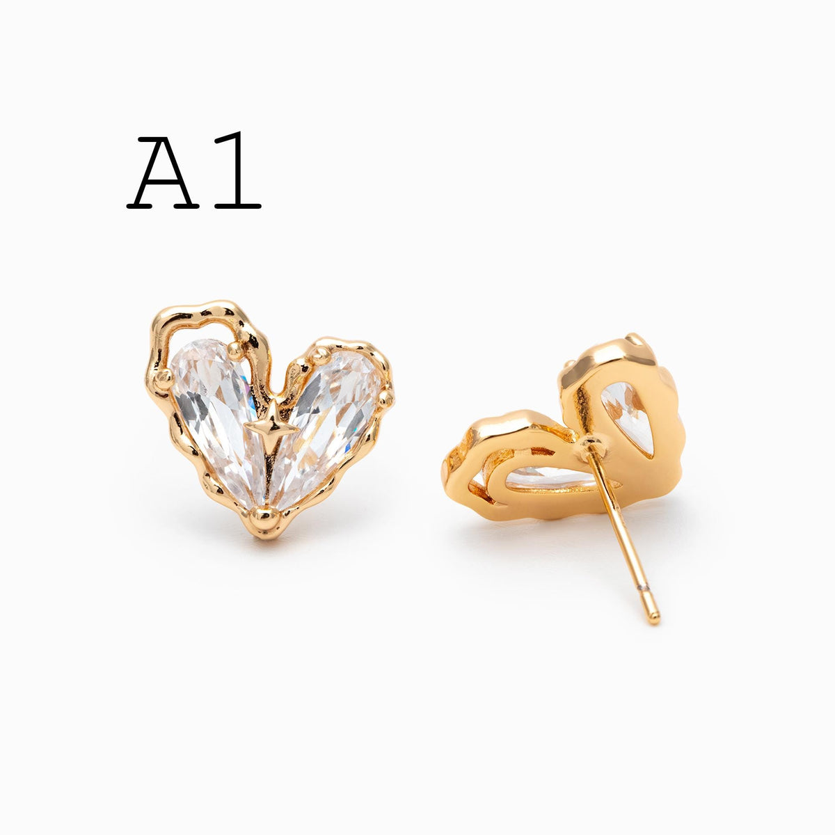 4pcs CZ Pave Heart Star Ear Posts, Gold/ Rhodium Plated Brass Stud Earrings, Jewelry Findings, Jewelry Making (GB-3571)