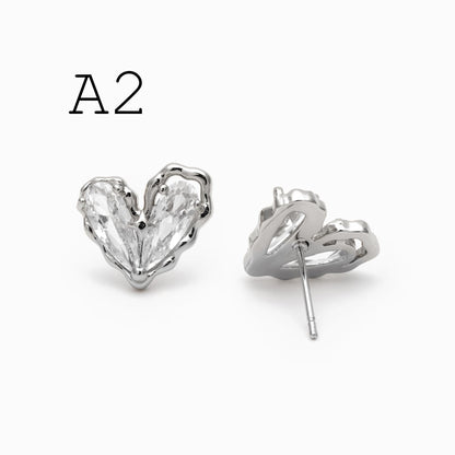 4pcs CZ Pave Heart Star Ear Posts, Gold/ Rhodium Plated Brass Stud Earrings, Jewelry Findings, Jewelry Making (GB-3571)