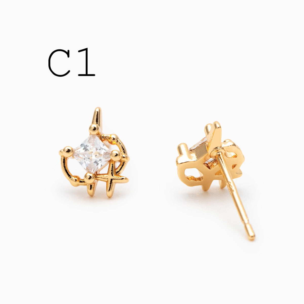 4pcs CZ Pave Heart Star Ear Posts, Gold/ Rhodium Plated Brass Stud Earrings, Jewelry Findings, Jewelry Making (GB-3571)