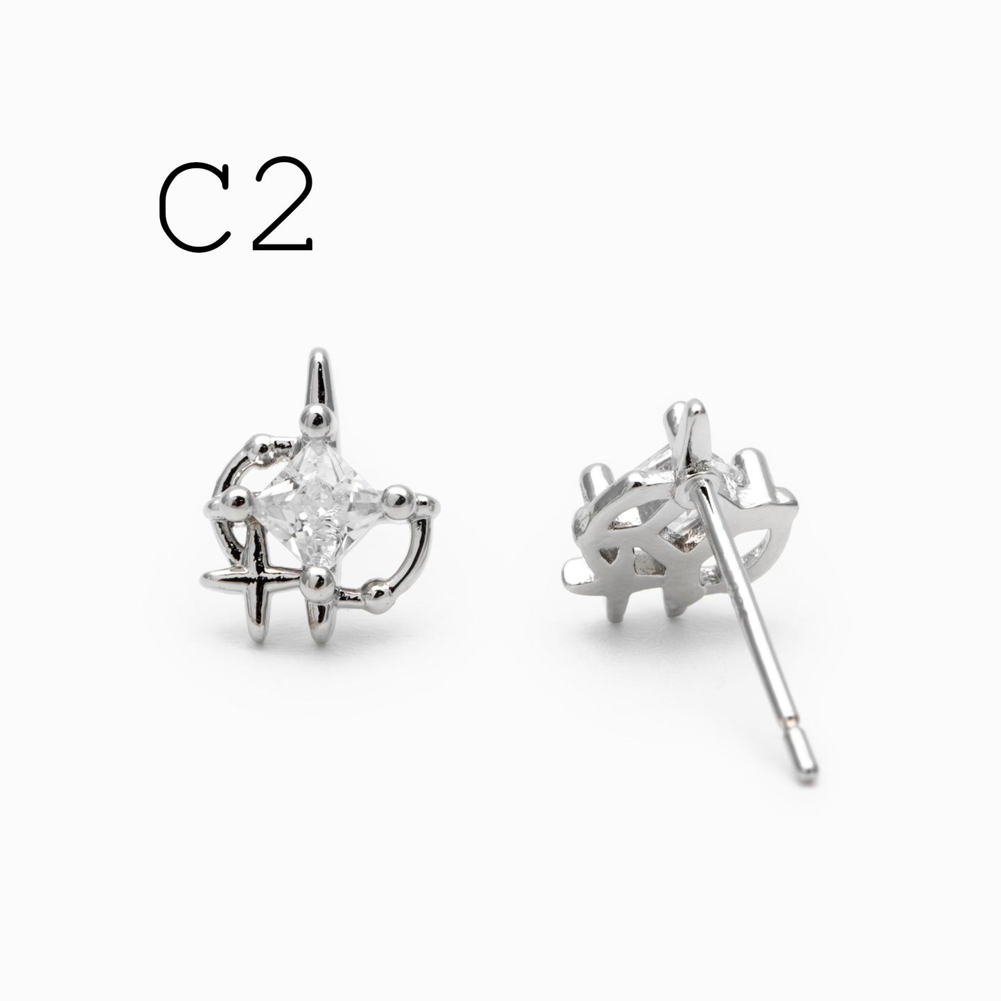 4pcs CZ Pave Heart Star Ear Posts, Gold/ Rhodium Plated Brass Stud Earrings, Jewelry Findings, Jewelry Making (GB-3571)