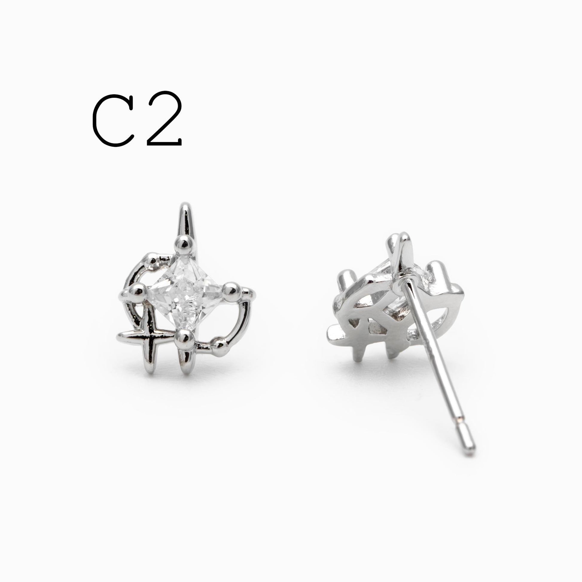 4pcs CZ Pave Heart Star Ear Posts, Gold/ Rhodium Plated Brass Stud Earrings, Jewelry Findings, Jewelry Making (GB-3571)