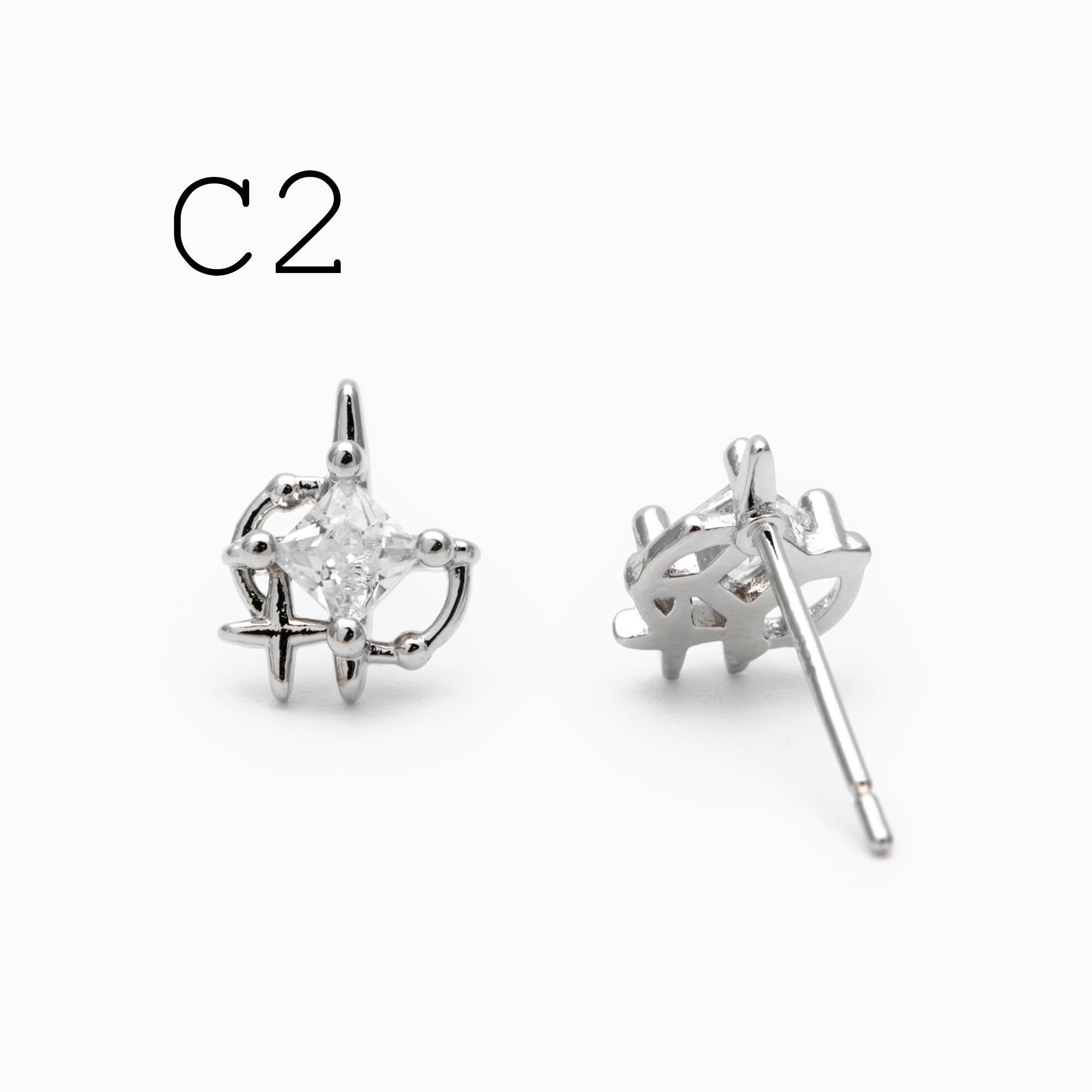 4pcs CZ Pave Heart Star Ear Posts, Gold/ Rhodium Plated Brass Stud Earrings, Jewelry Findings, Jewelry Making (GB-3571)