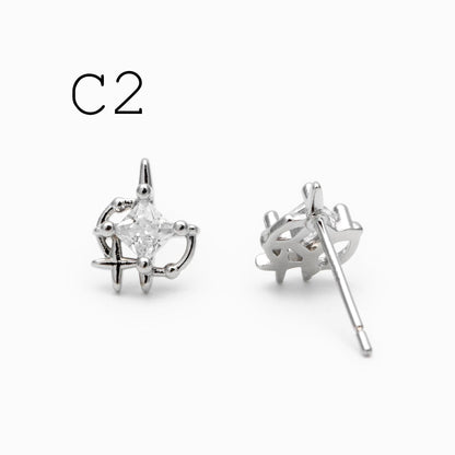 4pcs CZ Pave Heart Star Ear Posts, Gold/ Rhodium Plated Brass Stud Earrings, Jewelry Findings, Jewelry Making (GB-3571)
