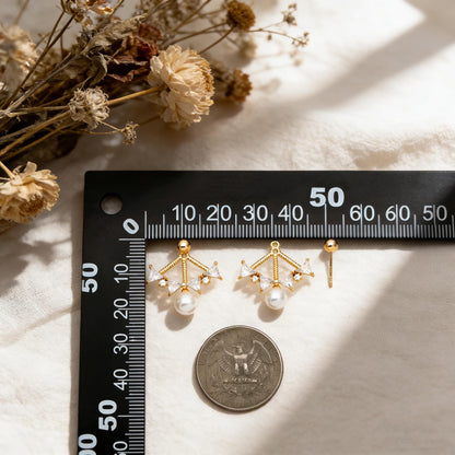 4pcs Elegant 6mm Glass Pearl & CZ Earrings, Gold-Plated Stud Earrings, Sparkling Chic Jewelry (GB-1625)