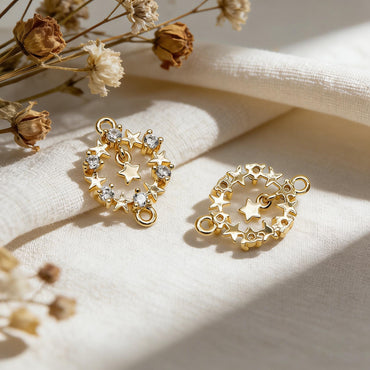 4pcs CZ Pave Gold Circle Charm Connectors 13x18mm, 18K Gold plated Brass, Christmas Ring Pendants with Star (GB-713-L)