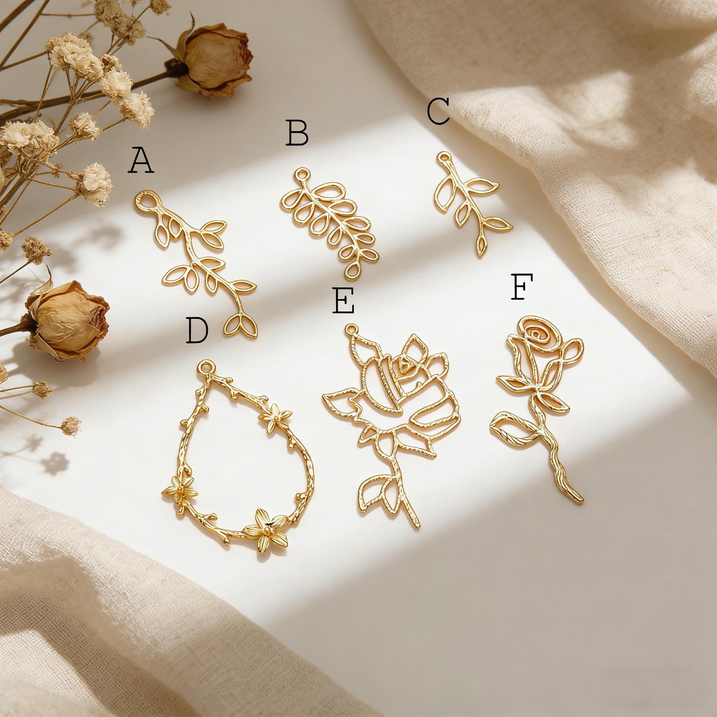 10pcs Gold Leaf Flower Charms, 18K Gold plated Brass, Dainty Earring Pendants (GB-120)