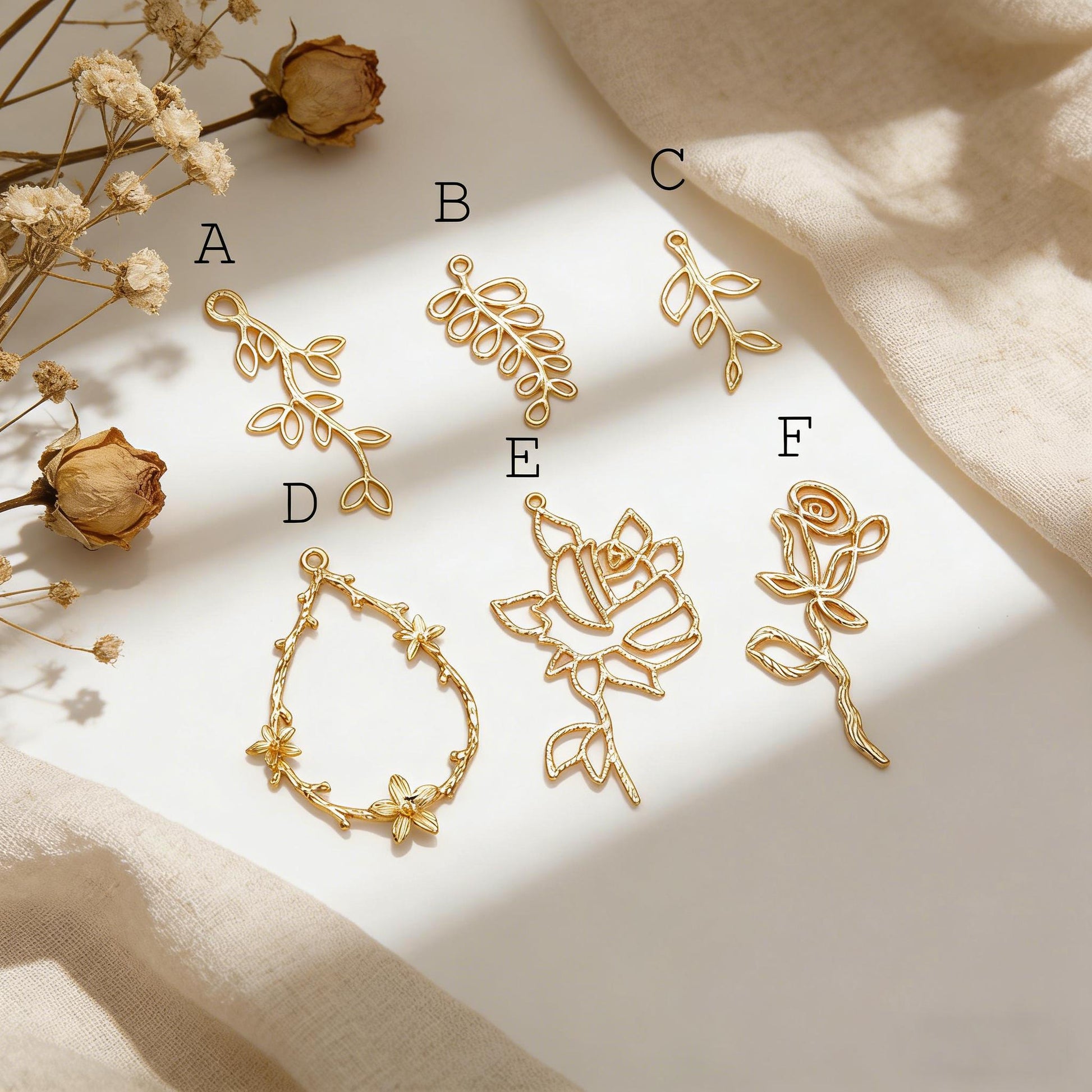 10pcs Gold Leaf Flower Charms, 18K Gold plated Brass, Dainty Earring Pendants (GB-120)