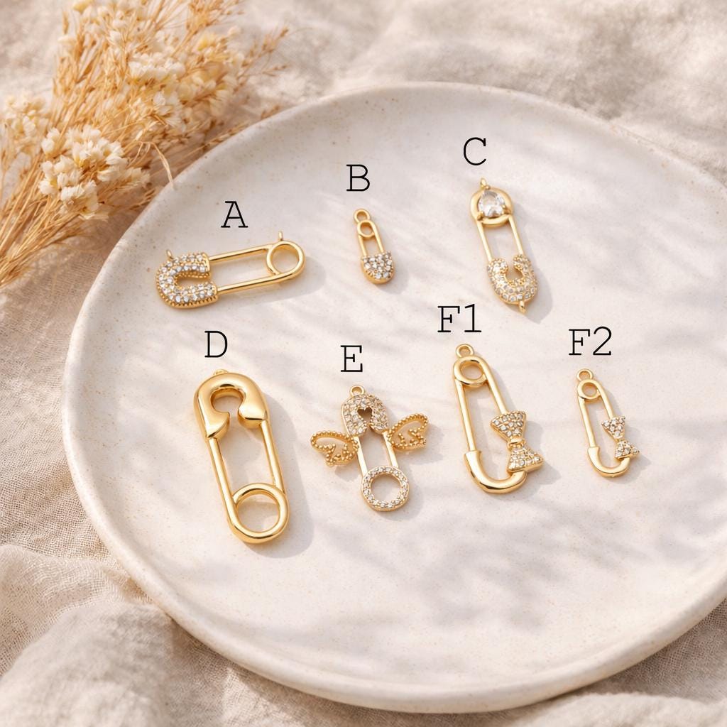 4pcs CZ Pave Safety Pin Charm Connectors , Gold Plated Brass Safety Pin Charm Pendants (GB-1827)