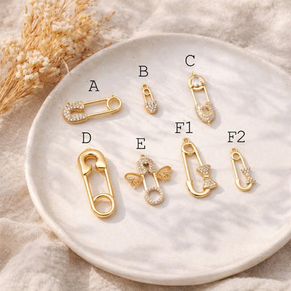 4pcs CZ Pave Safety Pin Charm Connectors , Gold Plated Brass Safety Pin Charm Pendants (GB-1827)