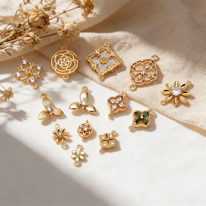 10pcs Gold Flower Charms , 18K Gold plated Brass, Floral Connector Pendants (GB-3780)