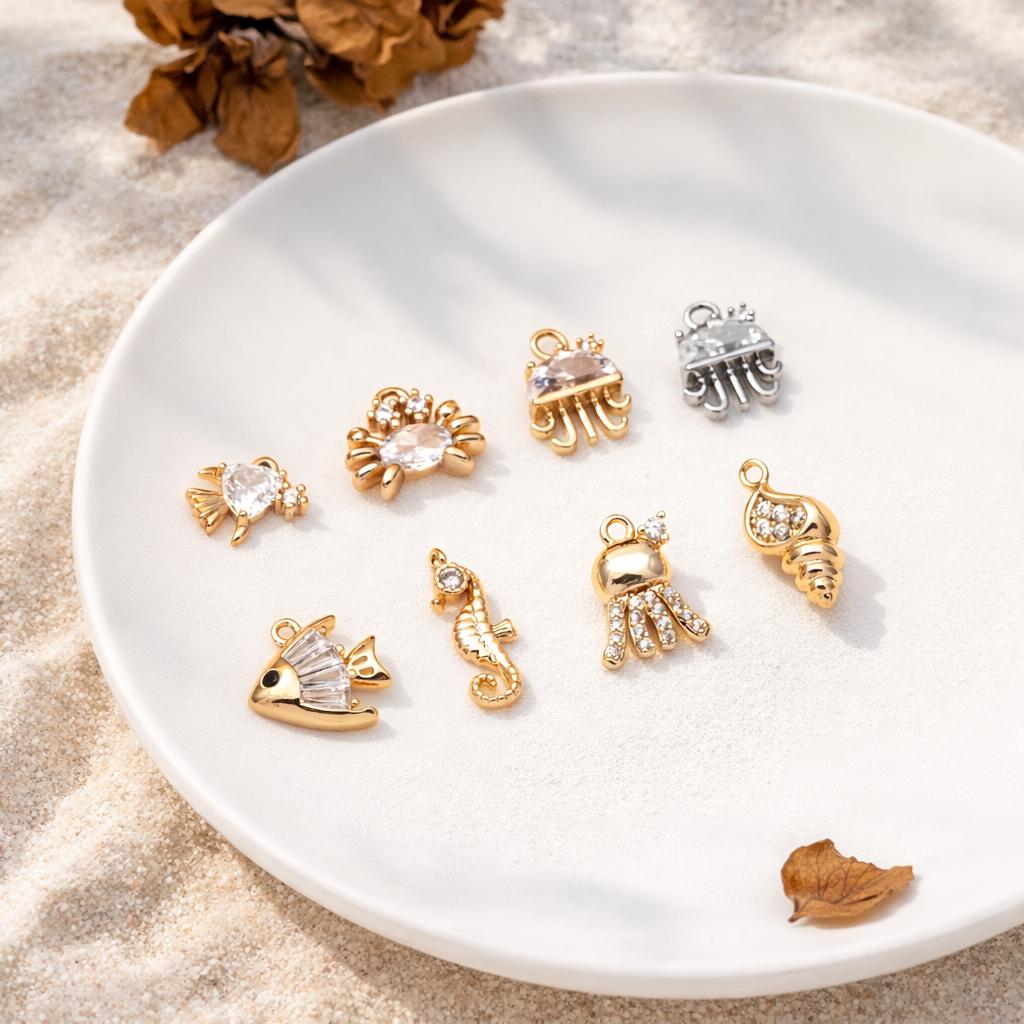 4pcs CZ Pave Gold/ Silver Tiny Marine Animal Charm, Ocean Charm, Earring Charm, Beach Jewelry (GB-3781)
