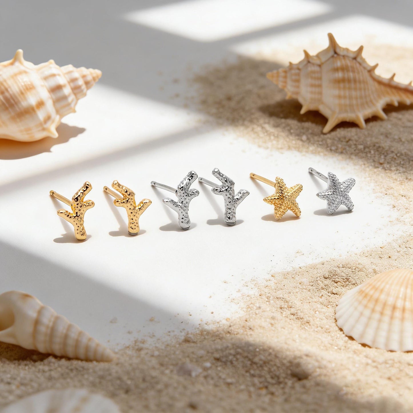 10pcs Gold/ Silver Coral Starfish Stud Earrings, Ocean Stud Earrings (#GB-4761)