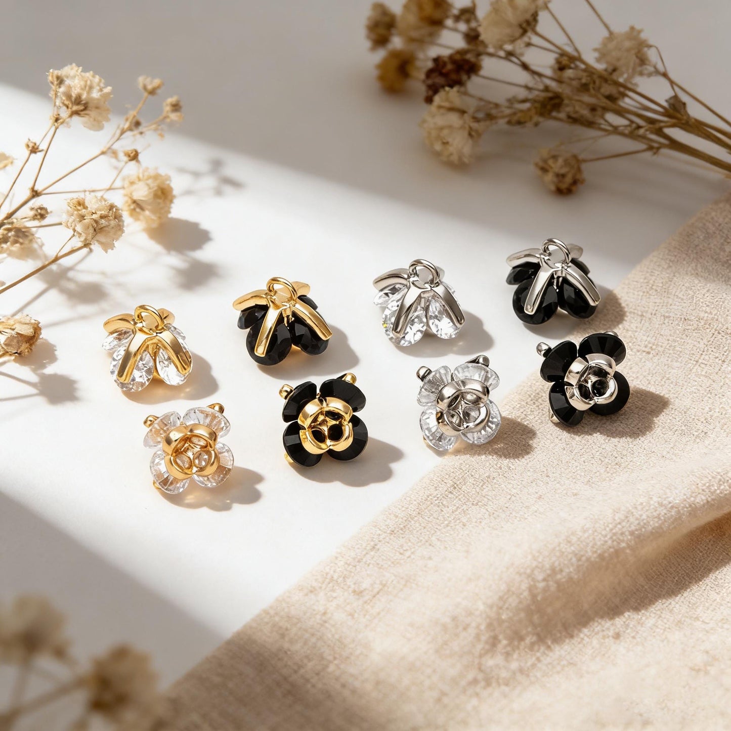 10pcs CZ Pave Flower Charms 8mm, Gold/ Silver tone Floral Pendants, Clear/ Black Cubic Zirconia (GB-343)