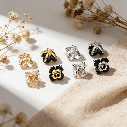 10pcs CZ Pave Flower Charms 8mm, Gold/ Silver tone Floral Pendants, Clear/ Black Cubic Zirconia (GB-343)