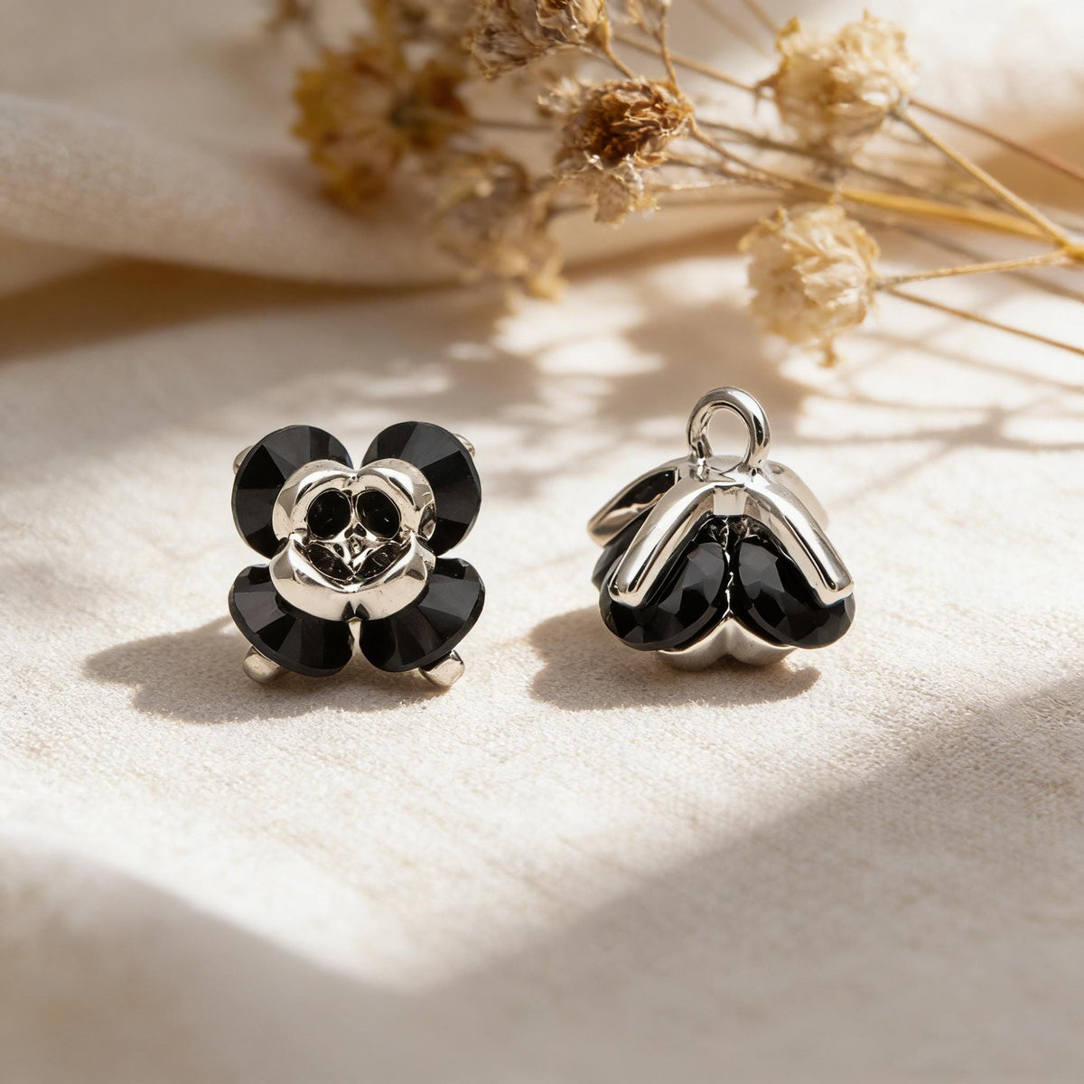 10pcs CZ Pave Flower Charms 8mm, Gold/ Silver tone Floral Pendants, Clear/ Black Cubic Zirconia (GB-343)