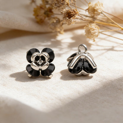 10pcs CZ Pave Flower Charms 8mm, Gold/ Silver tone Floral Pendants, Clear/ Black Cubic Zirconia (GB-343)