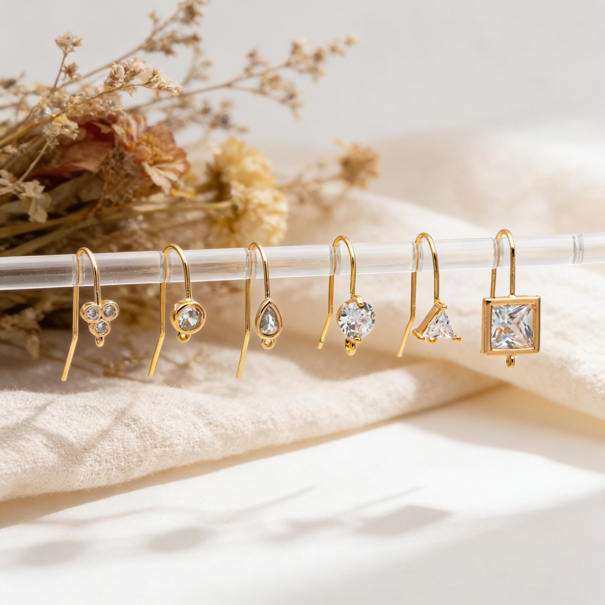 10pcs CZ Pave Earring Hooks with Loop, 18K Real Gold Plated Brass, Geometric Earwires (GB-1125)
