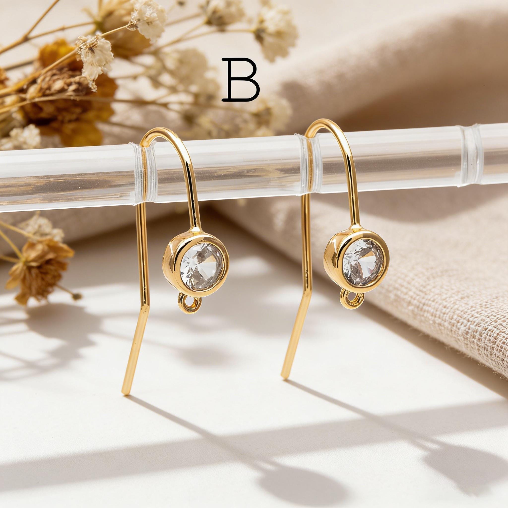 10pcs CZ Pave Earring Hooks with Loop, 18K Real Gold Plated Brass, Geometric Earwires (GB-1125)