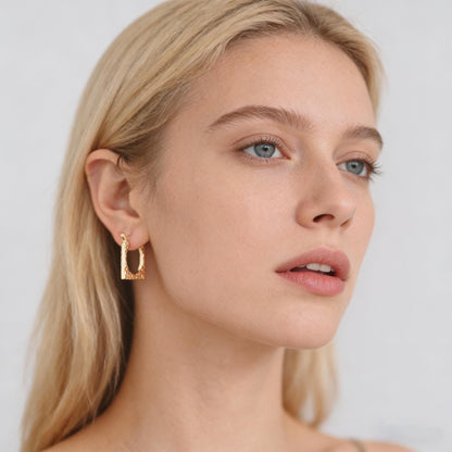 4pcs Gold/ Silver Tone Rectangle Earrings, 18K Gold/ Rhodium plated Brass, Hammered Hoop Earrings (#GB-4485)