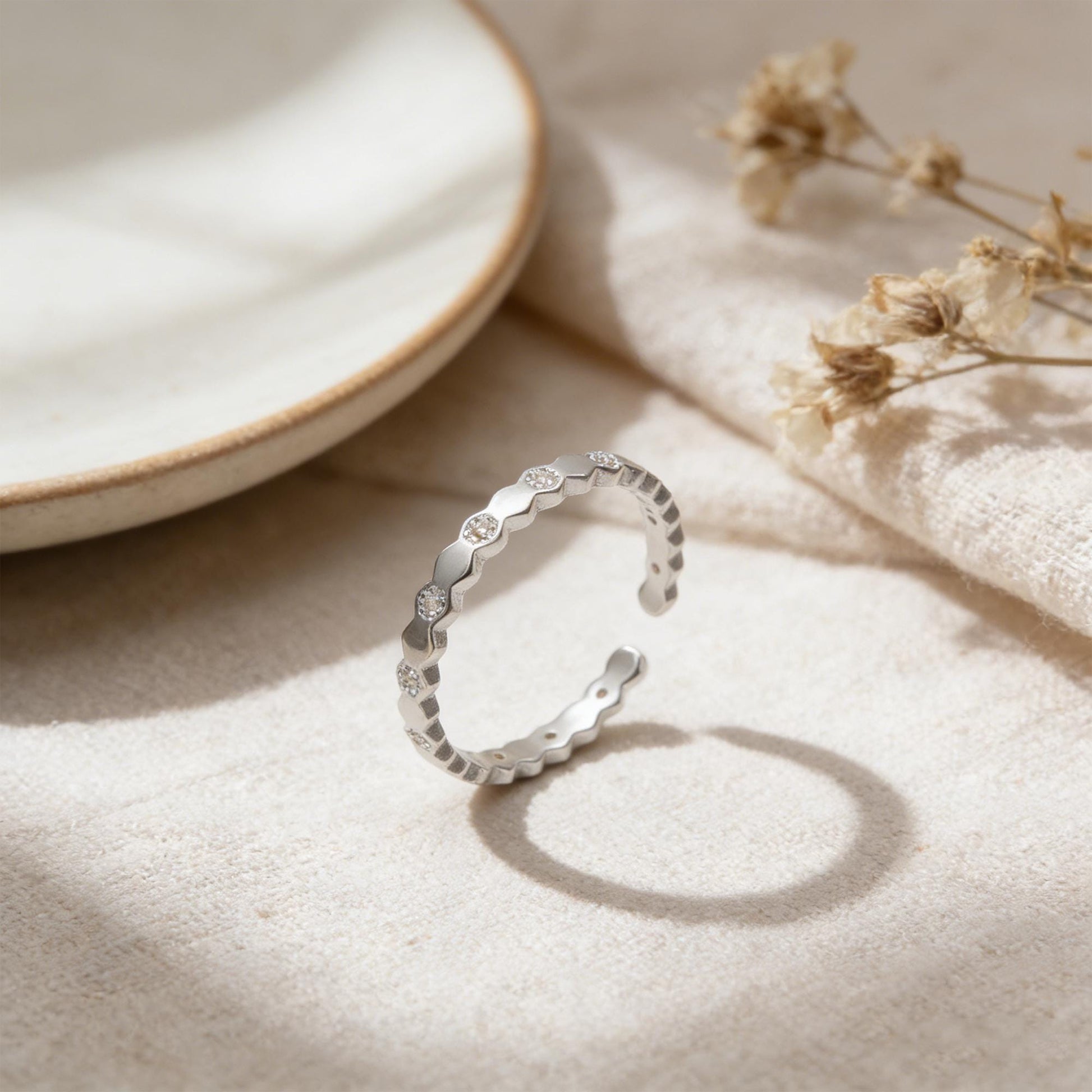 Minimalist Sterling Silver Ring, CZ Pave Adjustable Hexagon Ring (#CY-060)/ 1 piece
