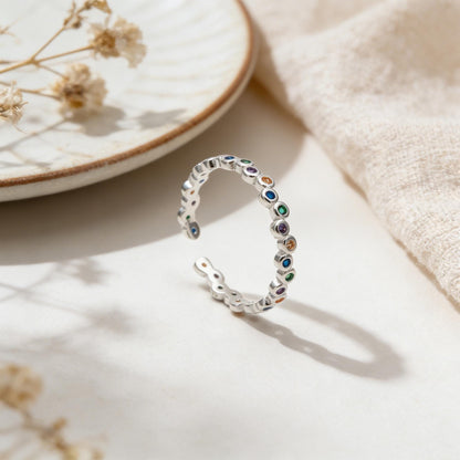 Sterling Silver Finger Ring, CZ Pave Adjustable Rainbow Ring (#CY-062)/ 1 piece