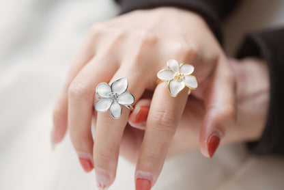 4pcs Gold/ Silver Enamel White Flower Ring, Everyday Ring, Dainty Rings, Adjustable Ring (#JZ-012)