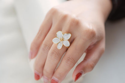 4pcs Gold/ Silver Enamel White Flower Ring, Everyday Ring, Dainty Rings, Adjustable Ring (#JZ-012)