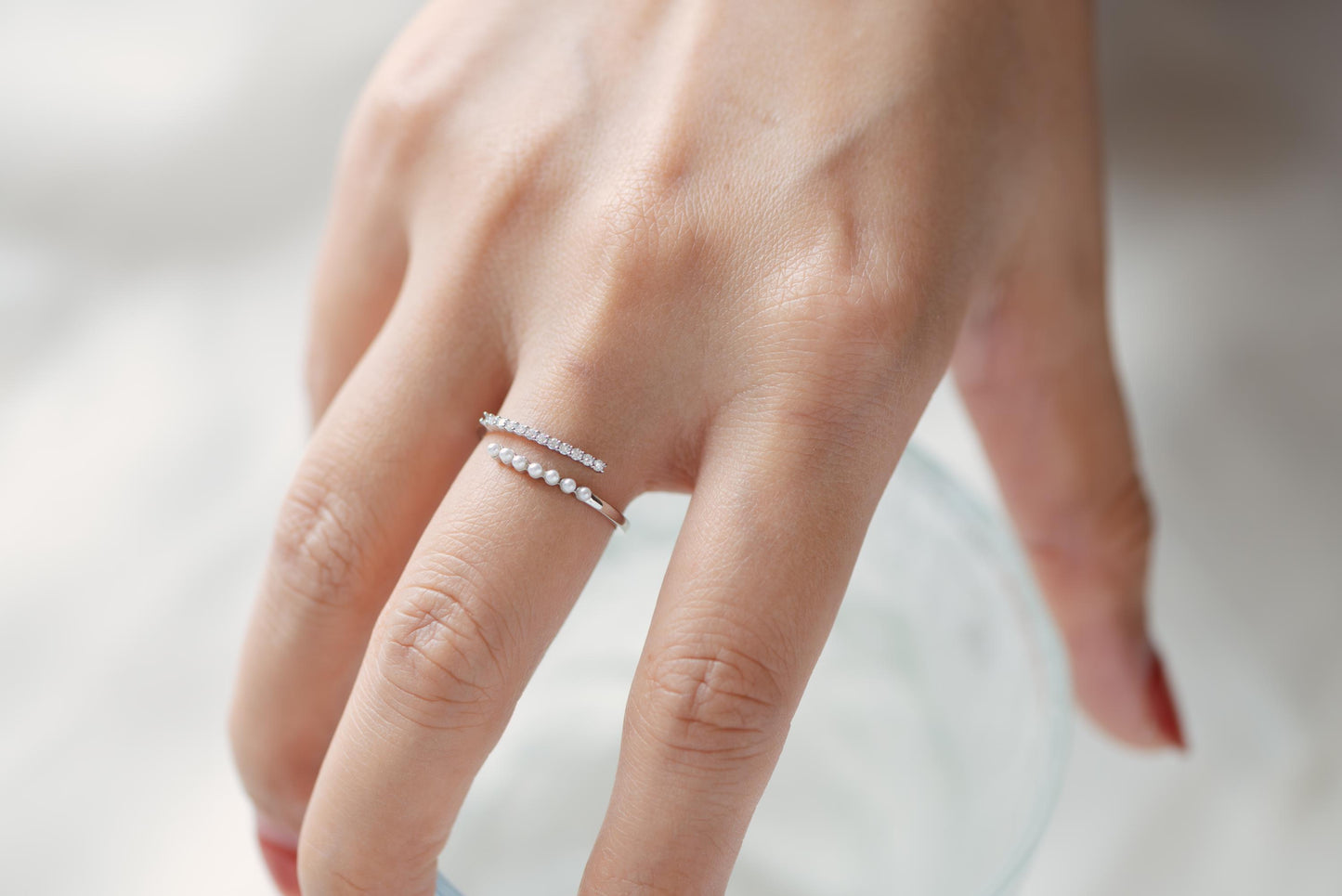 4pcs CZ Pave Finger Ring, Faux Pearl Ring, Gold/ Rhodium plated Brass, Gift for Her, Dainty Ring, Adjustable Ring (#JZ-016-A)