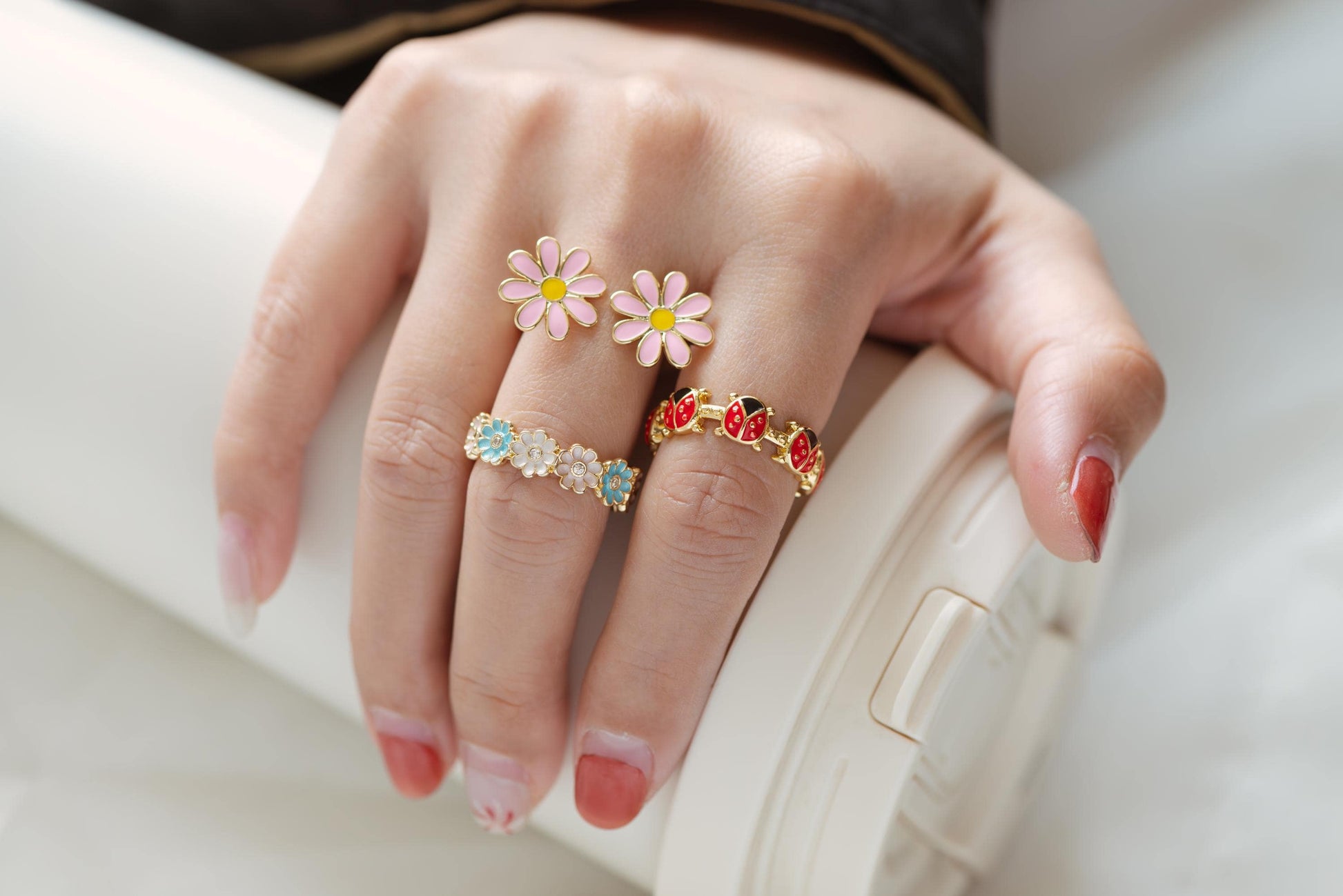 4pcs Gold/ Silver Tone Enamel Ring, Ladybug Ring, Daisy Ring, Everyday Ring, Dainty Rings, Adjustable Ring (#JZ-033)
