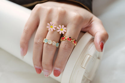 4pcs Gold/ Silver Tone Enamel Ring, Ladybug Ring, Daisy Ring, Everyday Ring, Dainty Rings, Adjustable Ring (#JZ-033)