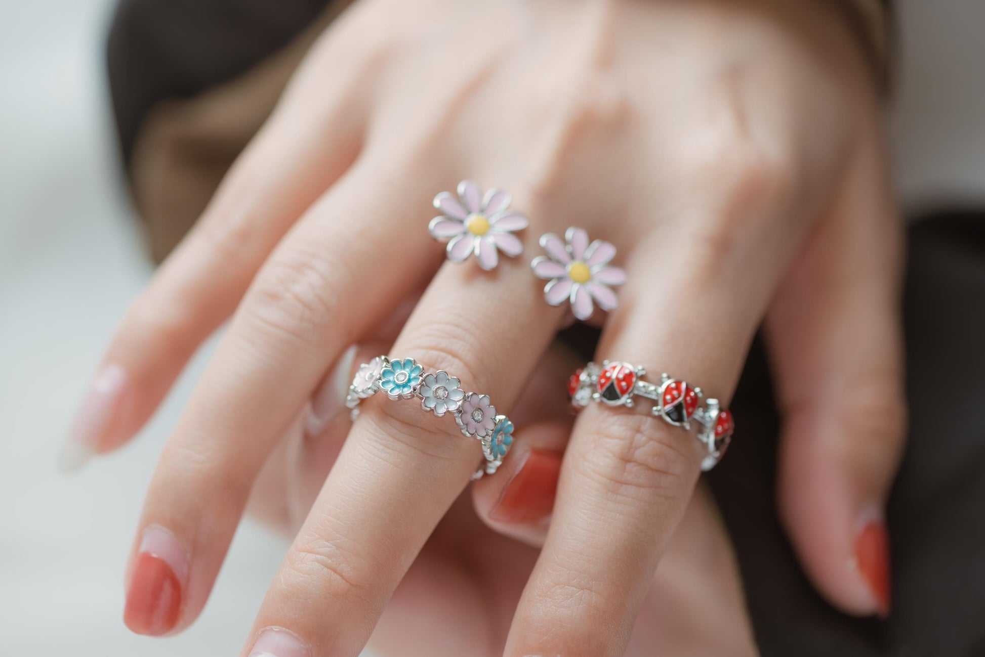 4pcs Gold/ Silver Tone Enamel Ring, Ladybug Ring, Daisy Ring, Everyday Ring, Dainty Rings, Adjustable Ring (#JZ-033)