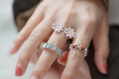 4pcs Gold/ Silver Tone Enamel Ring, Ladybug Ring, Daisy Ring, Everyday Ring, Dainty Rings, Adjustable Ring (#JZ-033)