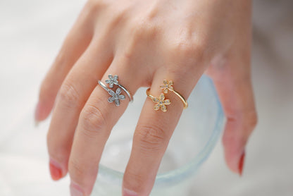 4pcs Gold/ Silver Tone CZ Pave Double Flower Ring, Adjustable Ring, Everyday Ring, Dainty Rings (#JZ-035)