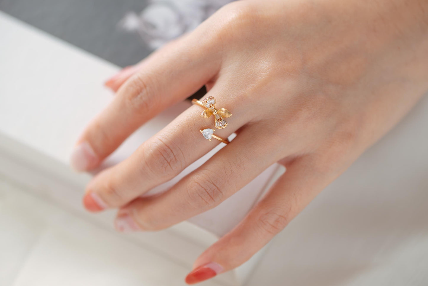 4pcs CZ Pave Gold/ Silver Bowknot Heart Ring, Modern Style Ring, Fashion Rings, Dainty Rings, Adjustable Ring (#JZ-003)
