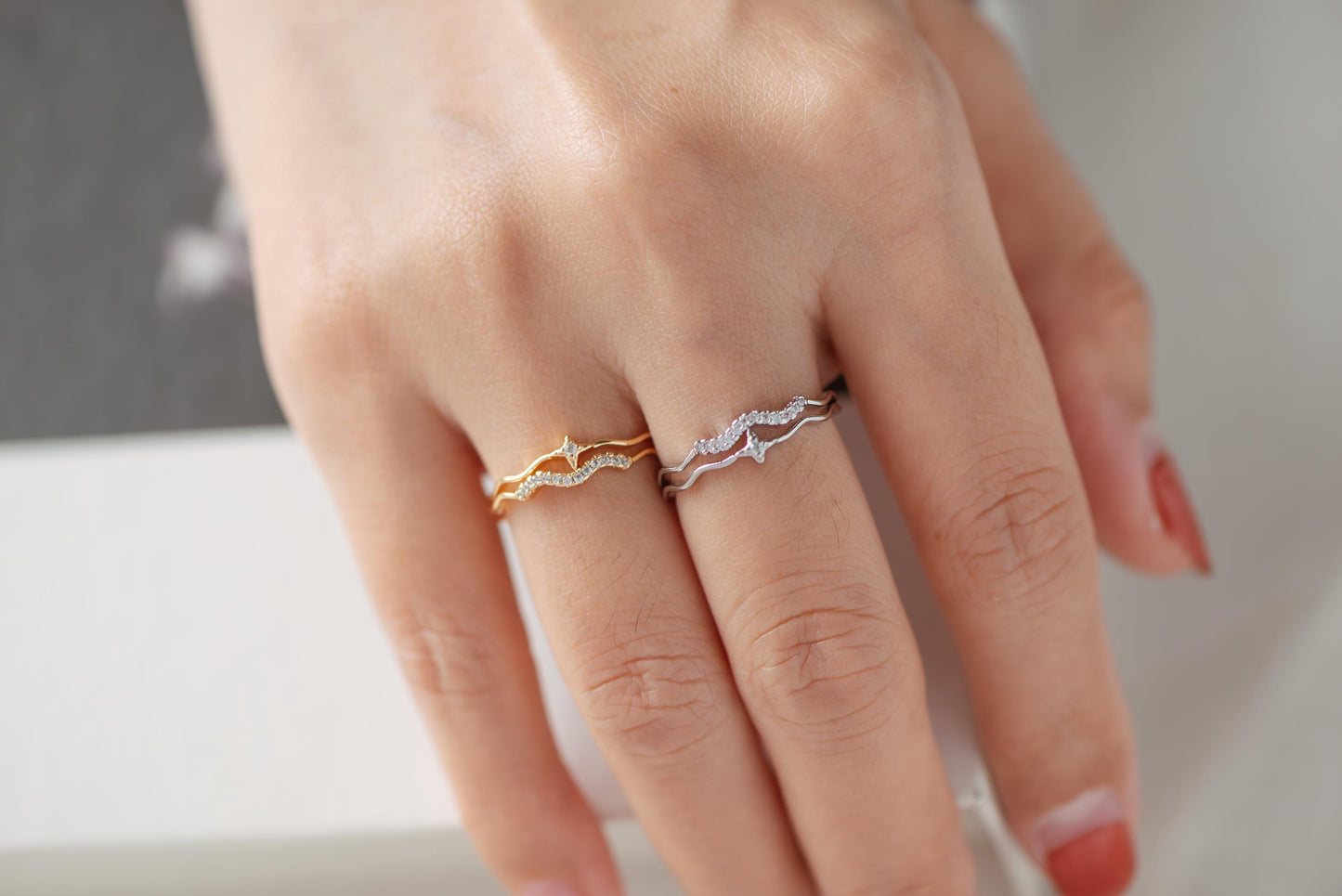 4pcs CZ Pave Gold/ Silver Cross Star Ring, Double Band Ring, Adjustable Ring, Minimalist Ring, Open Ring (JZ-010)